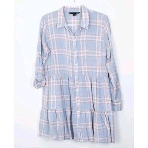Veronica Beard Dress L Jemila Plaid‎ Tiered Shirt Linen Blend Blue Cottage Boho